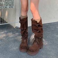 Women's Cowhide Lace-up Motorcycle-style Thigh-high Boots