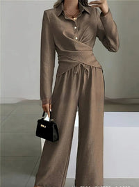 Women's Elegant Shirt Top And Wide-Leg Pants Two-Piece Set