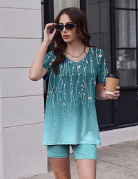 Shorts Two-Piece Casual Loungewear Set With Plant And Flower Patterns