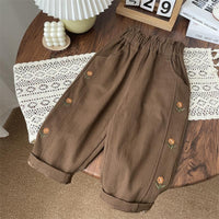 Children's Flower Embroidery Flower Bud Back Garden Western Style High Waist Pants