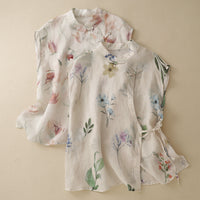 Real-shot In-stock Artistic Cotton-linen Printed Sheer Blouse Vintage Lightweight And Cool-chic Top