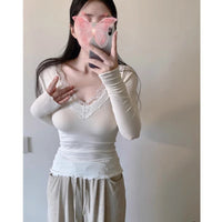 New Womens Demure Lace V-neck Long-sleeve Base Top