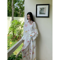 Tencel Ramie Botanical Floral Print Sun-protective Shirt With Fluttering Ribbons And Elastic Waistband Beach Pants