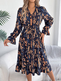Women's Casual Floral Print Bell Sleeve Tie Waist A-Line Dress