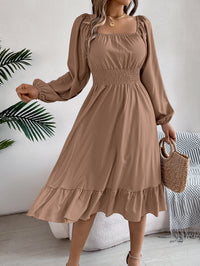 Women's Casual Solid Color Square Neck Long Sleeve Tie Waist Ruffle A-Line Dress