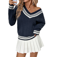 V-neck Cable-knit Sweater European And American Women's Clothing College Style Contrast Color Pullover