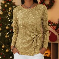 Fashionable Shiny Lace-up Bow-knot Long-sleeve Women's Pullover
