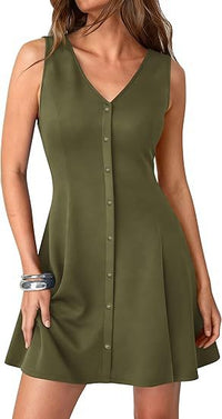 Womens Casual Sleeveless V-Neck Tank A-Line Dress