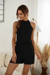 Split Back Button Halter Off-shoulder Jumpsuit Shorts