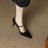 Women's Stiletto Heel Genuine Leather Buckle Pointed Toe Low-cut Shoes