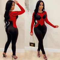 Women's Mesh Colorblock See-through Long Sleeve Jumpsuit