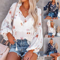 V-neck Lantern Sleeve Retro Chiffon Printed Top