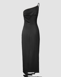 European And American-style Solid-color One-shoulder Pleated Slit Dress