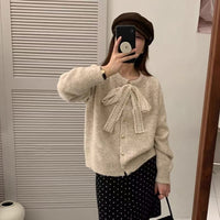 New Lace Lace-up Round Neck Heart Buckle Long Sleeve Plush Knitted Cardigan