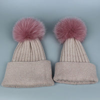 Fox Fur Warm Winter Hat With Ball For Women Child Girl Wool Thick Knitted