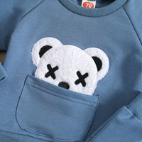 Boy's White Suit Bear Embroidered Round Neck Sweater Two-piece Set
