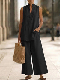 Women's Sleeveless V-Neck Casual Cotton And Linen Set
