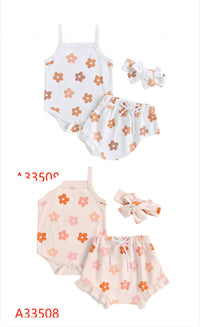 Flower Print Sling Romper Shorts Headscarf Three-piece Set