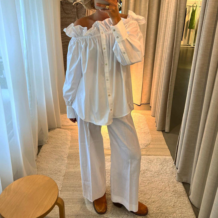 Ruffled Off-shoulder Cardigan White Shirt Loose Wide Leg Pants Suit