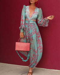 Full Screen Printed Chiffon Sexy Deep V Jumpsuit