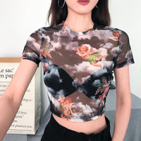 Women's Mesh Hollow-Out Butterfly Print Long-Sleeve Base Shirt