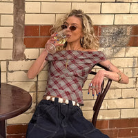 New Plaid Slanted-collar Slim-fit Figure-flattering Short-sleeve T-shirt