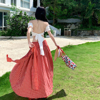 Youthful Red Plaid Skirt With Designer Flair Versatile Two-Way Skirt Set With A Strappy White Backless Top