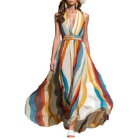 2-Wave Striped Sleeveless Maxi Dress With A Deep V-Neck And Off-the-Shoulder Design