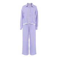 Purple Plaid Loose Cozy Soft Long-Sleeve Pajama Set With Pants