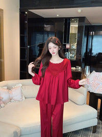 Back-Openwork Lace-Patched Pajama Set Womens Rayon Loungewear Suit