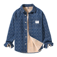 Fashion Casual Denim Woven Flower Fleece-lined Thick Long Sleeve Shirt