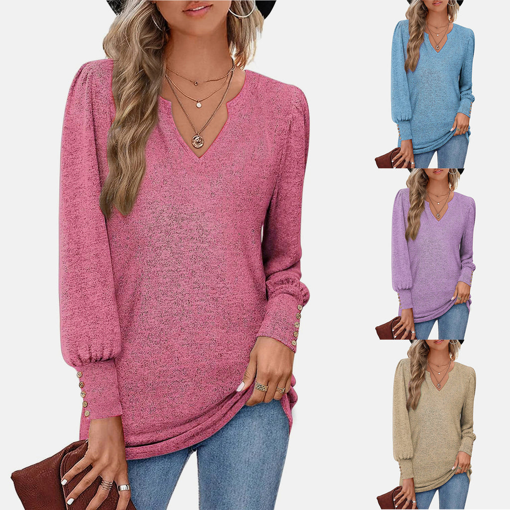 Women's Sweater Solid Color And V-neck Casual Waist Puff Sleeve Button Long Sleeve Top