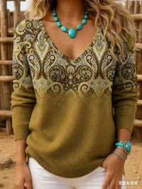 Womens Retro-Print V-Neck Long-Sleeve T-Shirt Top