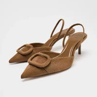 2026 Spring New Arrival Women's Square Buckle Pointed Toe High Heels, Closed Toe Backless Mules Sandals In Brown