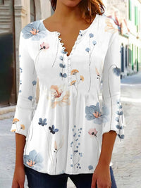 Women's Floral Printed 34 Sleeves V-neck Buttons Shirt