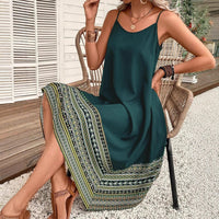 Womens Spaghetti-Strap Patchwork Printed Asymmetrical Dress