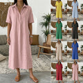 Straight-cut Comfortable Linen Short-sleeve Dress With A Polo Collar