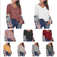 New European And American Autumn And Winter V-neck Waffle Loose Printed Long-sleeved T-shirt