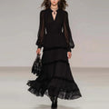 V-neck Spliced Long-sleeve Tiered Skirt Maxi Dress Mesh Dress
