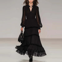 V-neck Spliced Long-sleeve Tiered Skirt Maxi Dress Mesh Dress