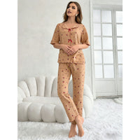 Women's Crew-Neck Cherry-Print Short-Sleeve Top And Pants Set