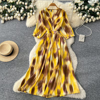 Lantern-sleeve Tie-Dye Printed Dress Womens SpringSummer High-End Defined-Waist Flared Maxi Dress