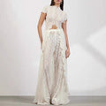 Womens Lace Solid Color Hollow-Out Crew Neck Fashionable Top And Pants Set