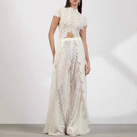 Womens Lace Solid Color Hollow-Out Crew Neck Fashionable Top And Pants Set