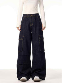 Multi-pocket Straight Cargo Jeans Women's Wide-leg Trousers