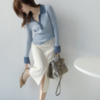French Style Polo Collar Knitted Bottoming Shirt Long Sleeve Contrast Color Slim Fit Sweater