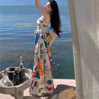 Retro Ethnic-style Oil Painting Graffiti-print Slip Dress For Women