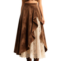 Womens Retro Western-Style Suede And Lace Patchwork Skirt