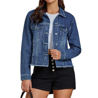 Female Solid Color Casual Embossed Denim Jacket Button Top