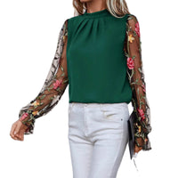Womens Half-Neck Blouse With Patchwork 3D Embroidered Mesh Fabric